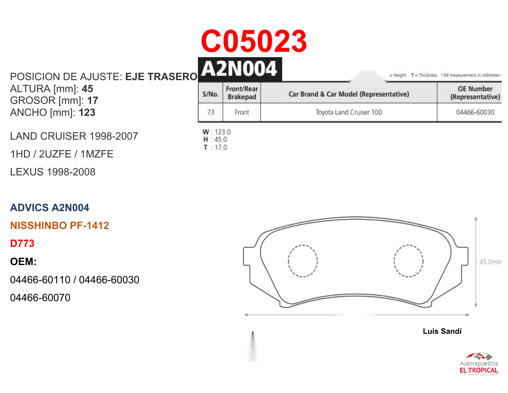 FIBRA DE DISCO LAND CRUISER 98- TRASEROD773