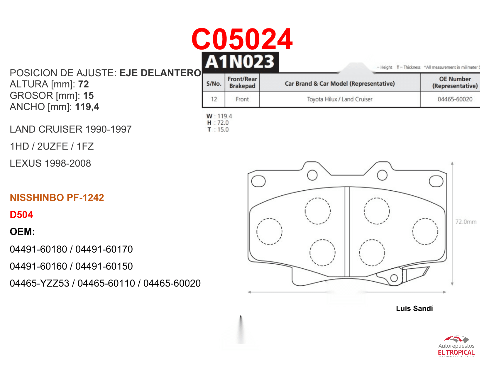 FIBRA DE DISCO LAND CRUISER 4.0,4.2,4.5 D504