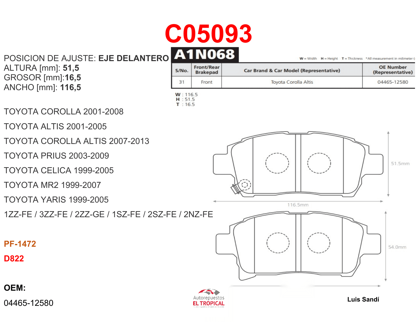 FIBRA DE DISCO YARIS 1.5,CORAXI 2.2 PF1472